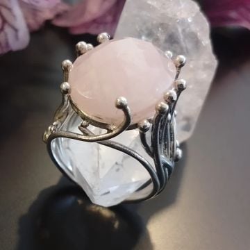 Faset Kesim Pembe Kuvars Tasarım Gümüş Yüzük