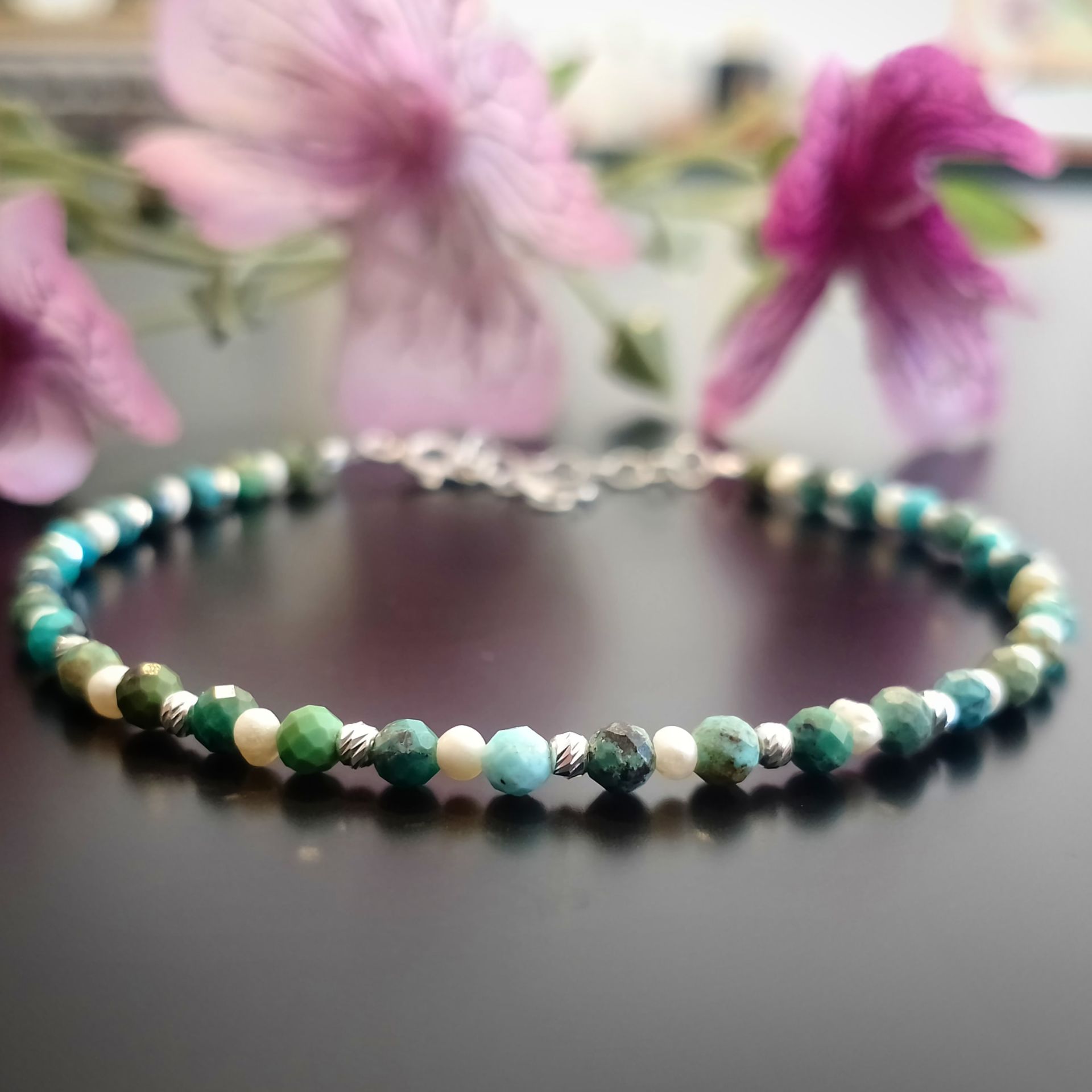 Turkuaz (Firuze) ve Kum İnci Tasarım Gümüş Bileklik - Koruyucu Enerji ve Dişil Enerji