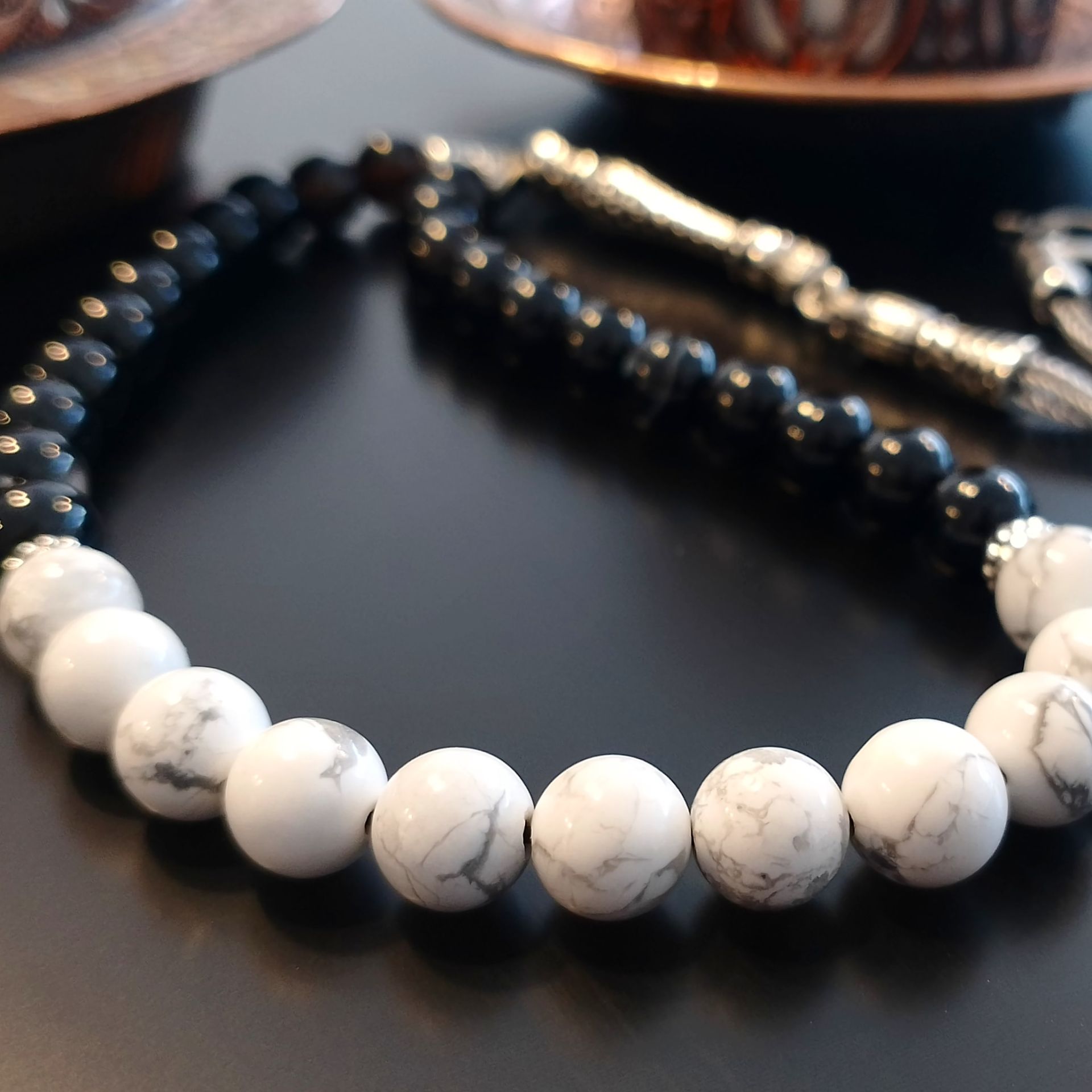 Siyah Akik ve Beyaz Havlit Tasarım Doğal Taş 33 lük Tesbih