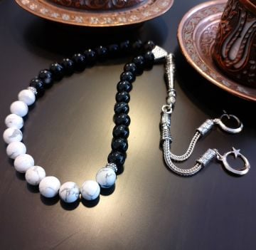 Siyah Akik ve Beyaz Havlit Tasarım Doğal Taş 33 lük Tesbih