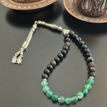 Siyah Akik ve Yeşil Akik Tasarım Doğal Taş 33 lük Tesbih