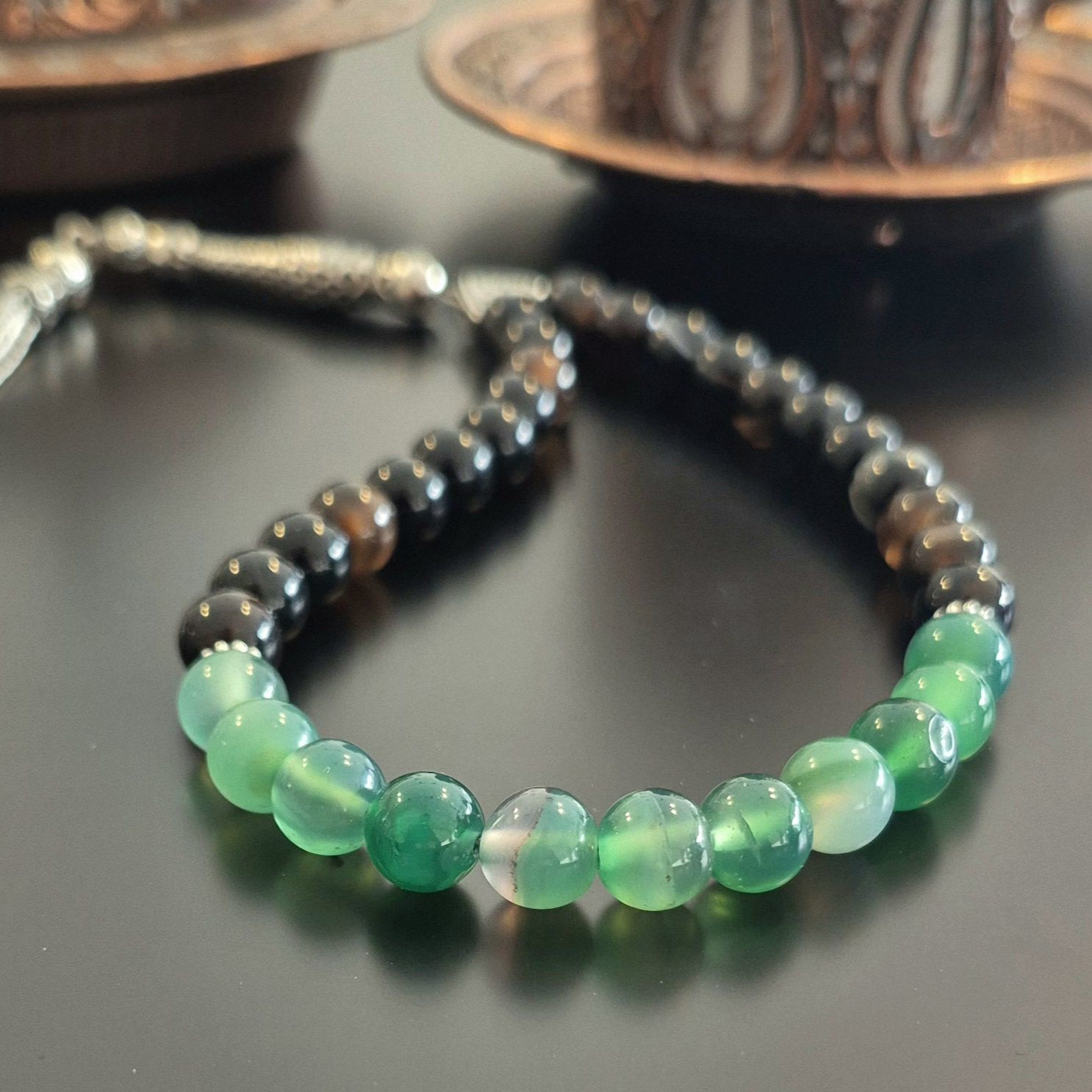 Siyah Akik ve Yeşil Akik Tasarım Doğal Taş 33 lük Tesbih