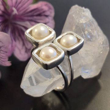 Kare Tasarım İnci Gümüş Yüzük