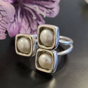 Kare Tasarım İnci Gümüş Yüzük