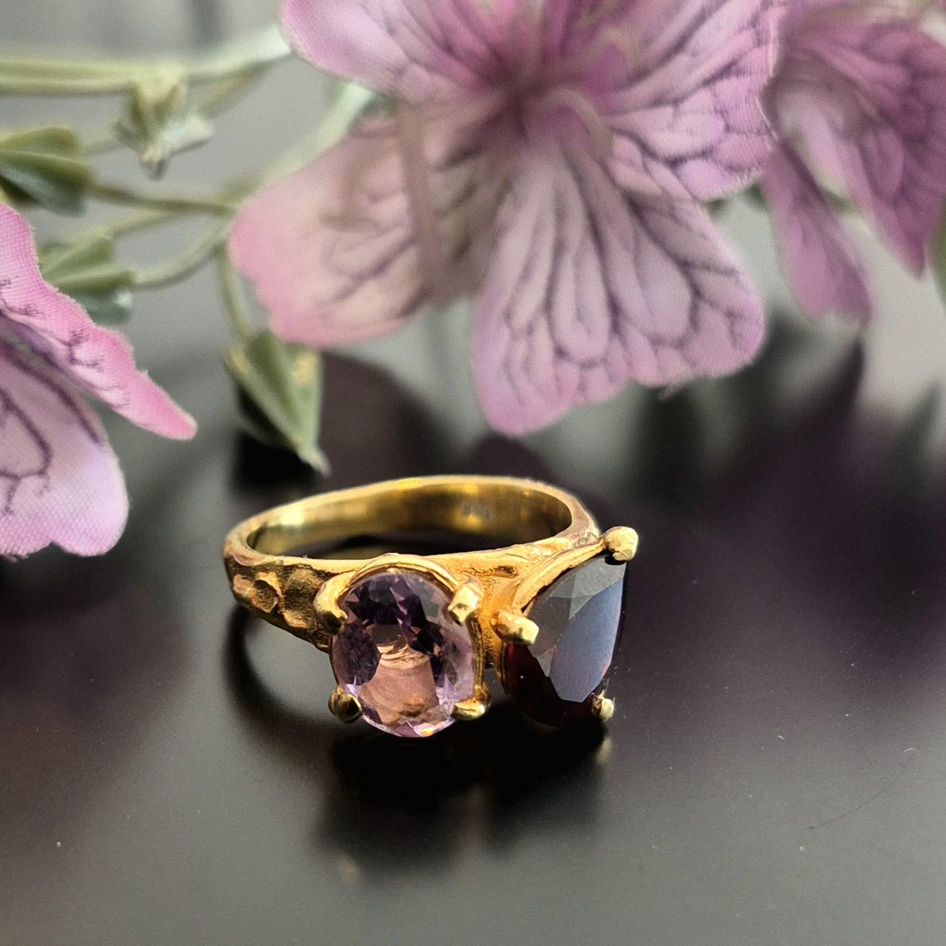 Ametist ve Lal (Garnet) Tasarım Gümüş Yüzük