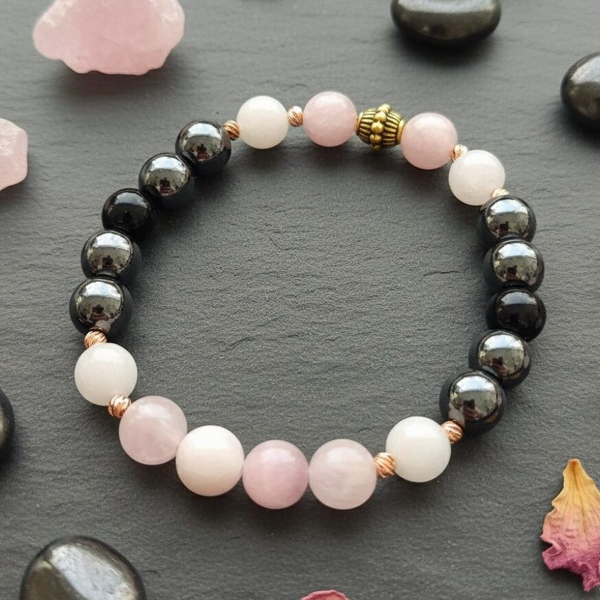 Kunzit, Aytaşı, Hematit ve Oniks Pozitif Enerji Doğaltaş Bileklik