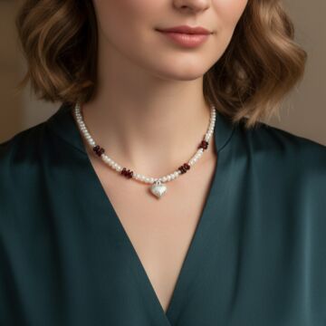 İnci ve Lal (Garnet) Tasarım Gümüş Kolye