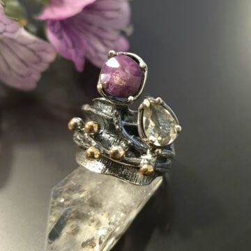 Yakut ve Sitrin Taşlı Tasarım Gümüş Yüzük