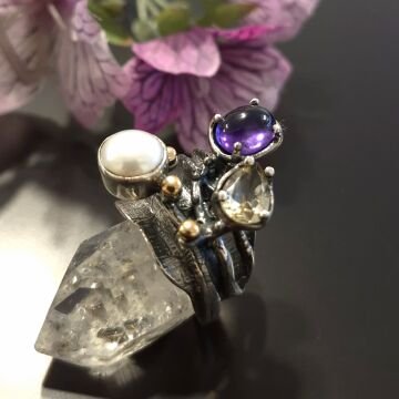 Ametist, İnci ve Sitrin Taşlı Tasarım Gümüş Yüzük