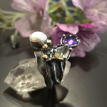 Ametist, İnci ve Sitrin Taşlı Tasarım Gümüş Yüzük