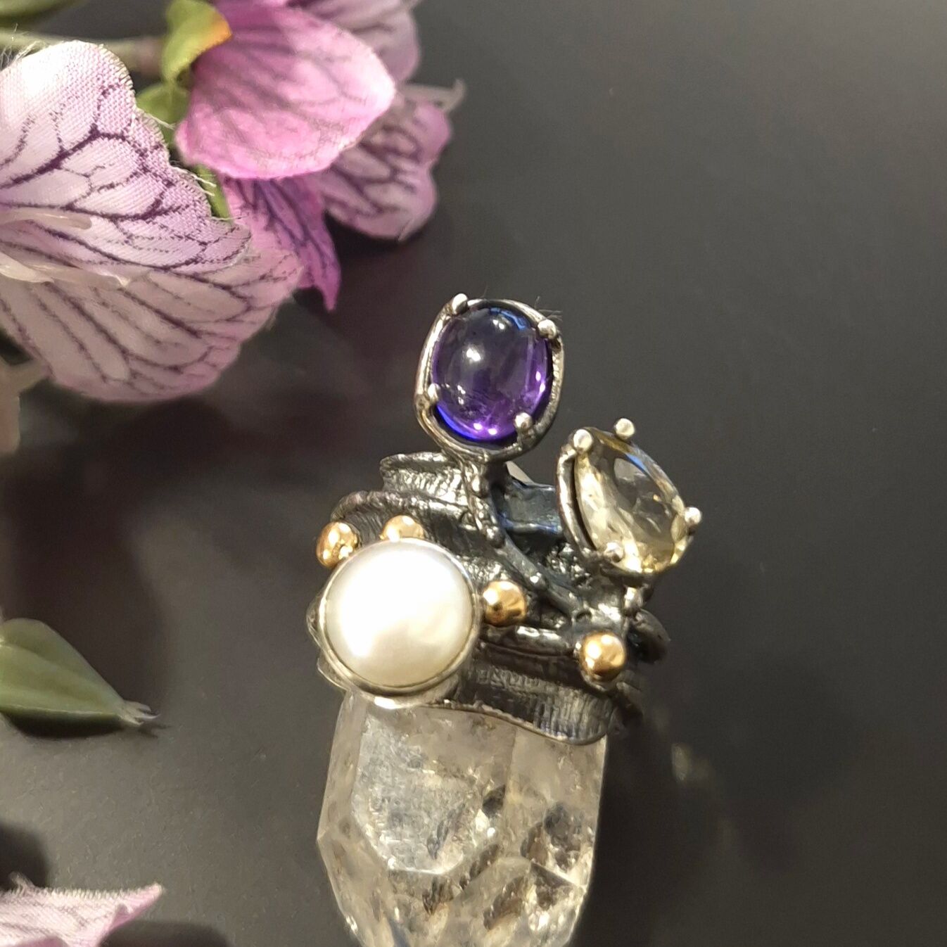 Ametist, İnci ve Sitrin Taşlı Tasarım Gümüş Yüzük