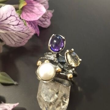 Ametist, İnci ve Sitrin Taşlı Tasarım Gümüş Yüzük