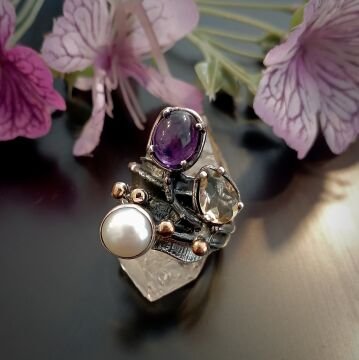 Ametist, İnci ve Sitrin Taşlı Tasarım Gümüş Yüzük