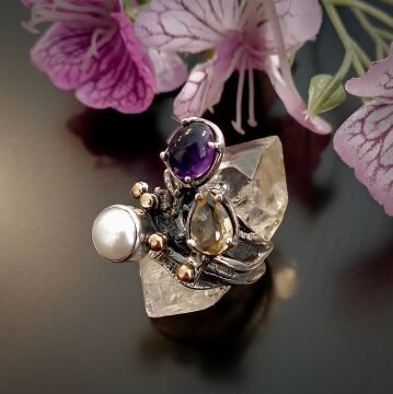 Ametist, İnci ve Sitrin Taşlı Tasarım Gümüş Yüzük