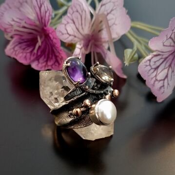 Ametist, İnci ve Sitrin Taşlı Tasarım Gümüş Yüzük