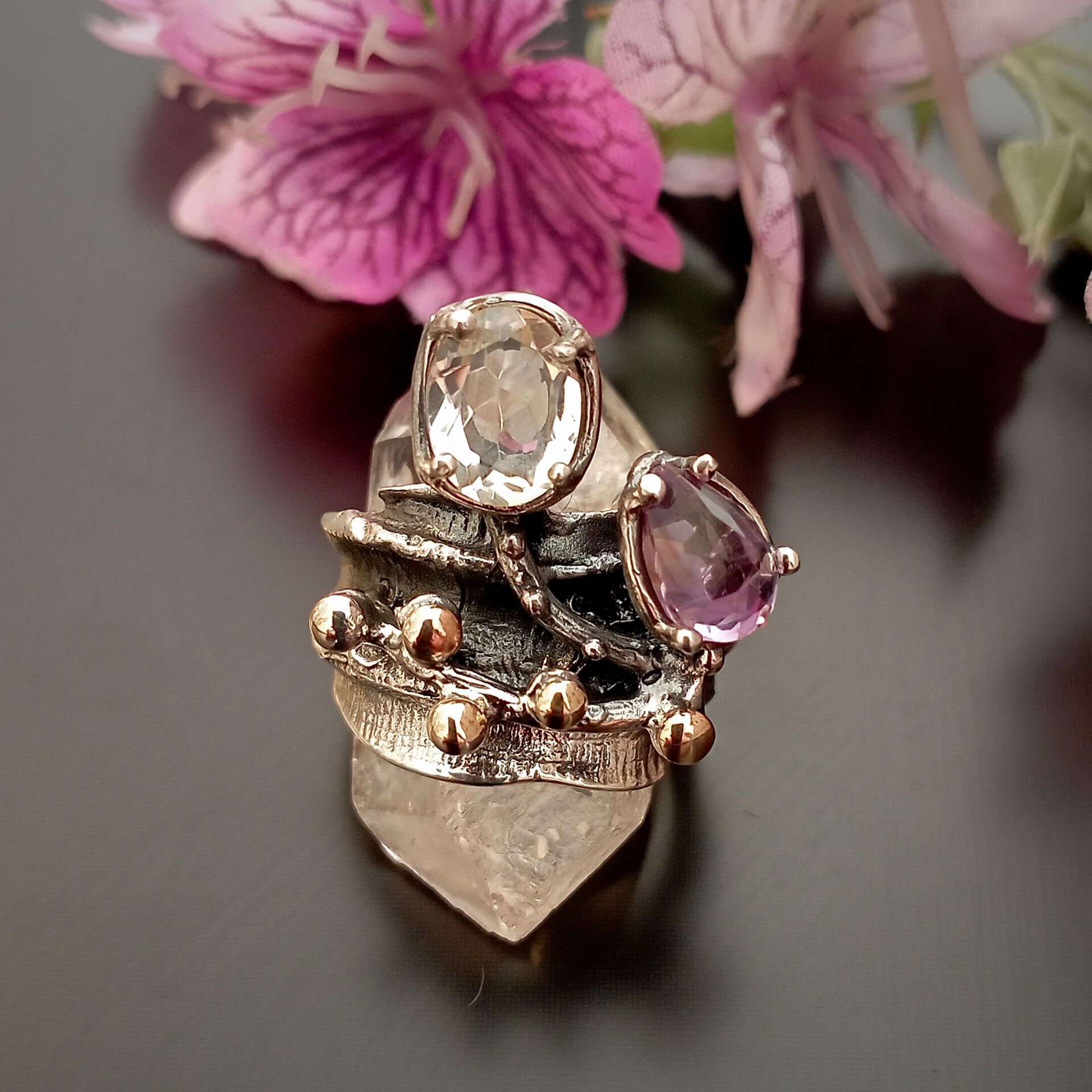 Kuvars ve Ametist Taşlı Tasarım Gümüş Yüzük