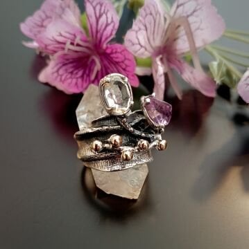 Kuvars ve Ametist Taşlı Tasarım Gümüş Yüzük