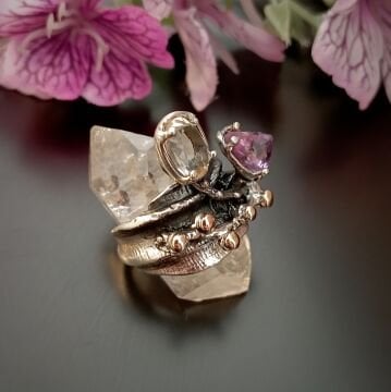 Kuvars ve Ametist Taşlı Tasarım Gümüş Yüzük