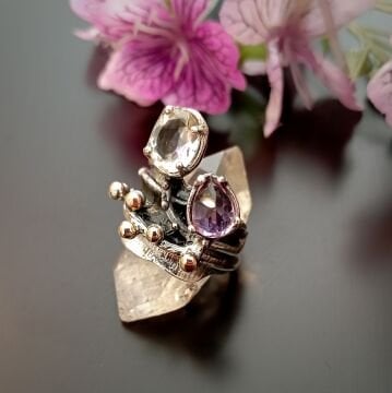Kuvars ve Ametist Taşlı Tasarım Gümüş Yüzük