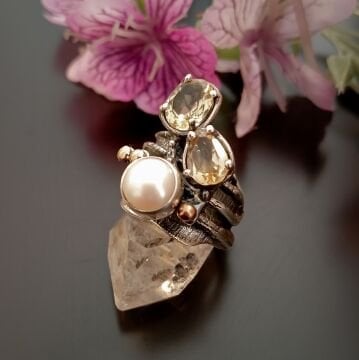 İnci ve Sitrin Taşlı Tasarım Gümüş Yüzük