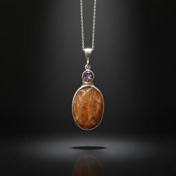 Güneş Taşı ve Ametist Taşı Tasarım Gümüş Kolye