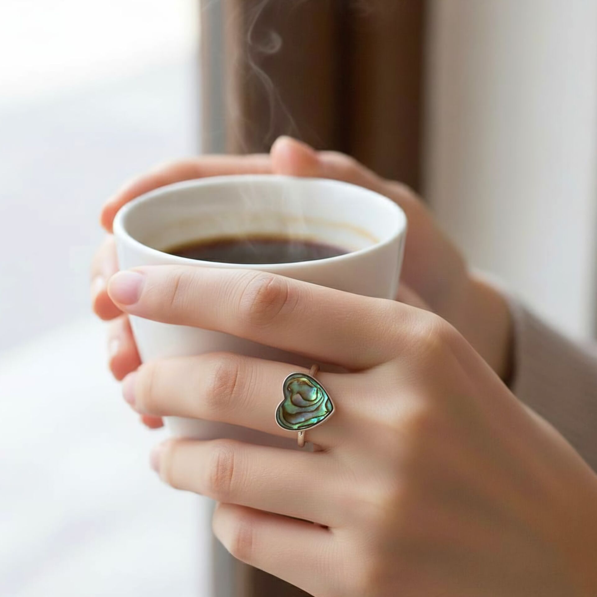 Okyanus Sedefi Kalp Tasarım Gümüş Yüzük