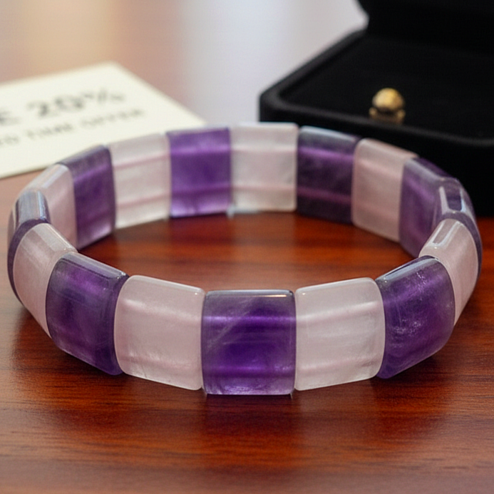 Pembe Kuvars ve Ametist Özel Kesim Doğal Taş Bileklik