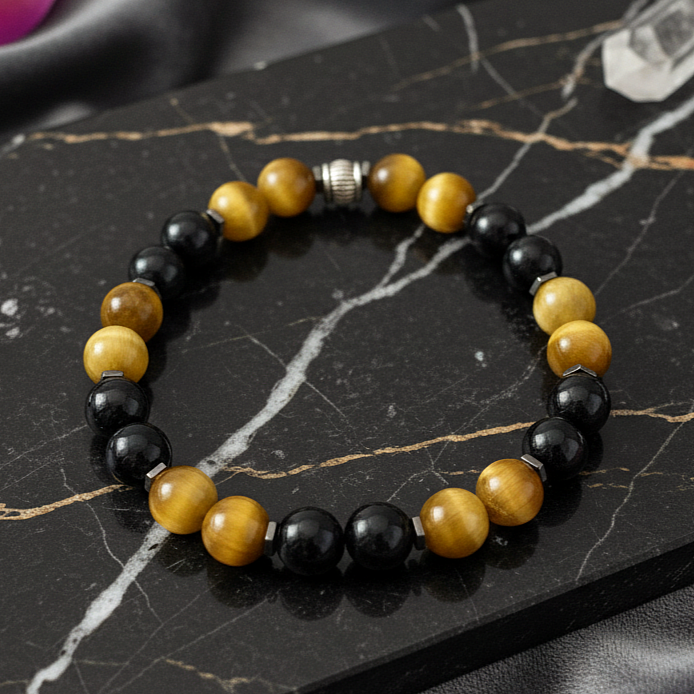 Sarı Kaplangözü ve Siyah Akik Doğaltaş Bileklik - Koruyucu ve Denge Temalı