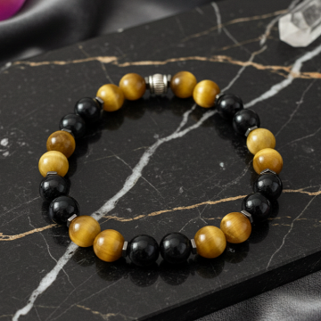 Sarı Kaplangözü ve Siyah Akik Doğaltaş Bileklik - Koruyucu ve Denge Temalı