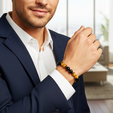 Sarı Kaplangözü ve Siyah Akik Doğaltaş Bileklik - Koruyucu ve Denge Temalı