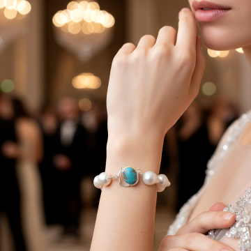 Turkuaz ve Barok İnci Tasarım Gümüş Bileklik