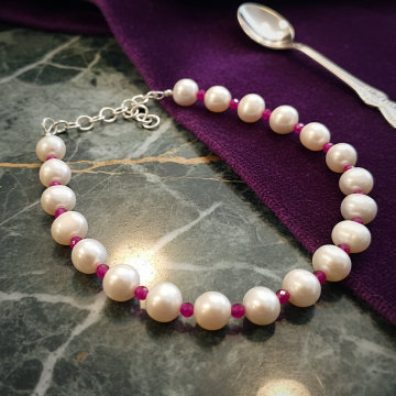 İnci ve Yakut Gümüş Bileklik