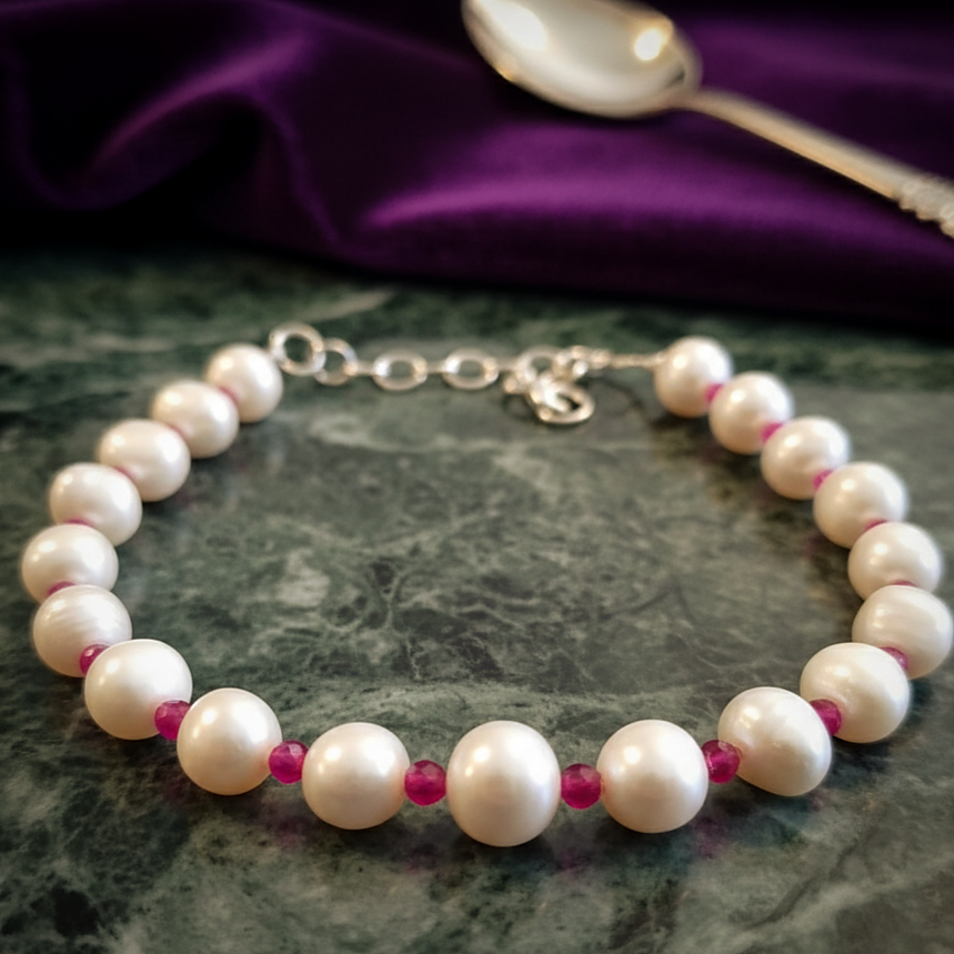 İnci ve Yakut Gümüş Bileklik