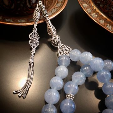 Akuamarin 10mm Küre Kesim 925 Ayar Gümüş Püsküllü Doğaltaş Tesbih