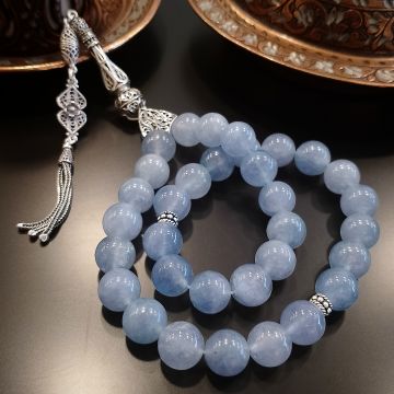 Akuamarin 10mm Küre Kesim 925 Ayar Gümüş Püsküllü Doğaltaş Tesbih