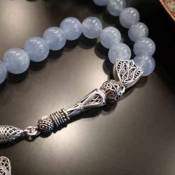 Akuamarin 10mm Küre Kesim 925 Ayar Gümüş Püsküllü Doğaltaş Tesbih
