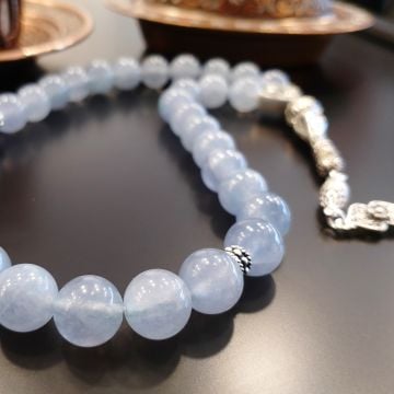 Akuamarin 10mm Küre Kesim 925 Ayar Gümüş Püsküllü Doğaltaş Tesbih