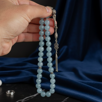 Akuamarin 10mm Küre Kesim 925 Ayar Gümüş Püsküllü Doğaltaş Tesbih