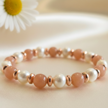 İnci, Şeftali Aytaşı ve Hematit Doğal Taş Bileklik - Dişil Enerji Temalı