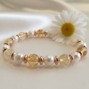 İnci, Sitrin ve Hematit Doğal Taş Bileklik - Bolluk ve Zarafet Temalı