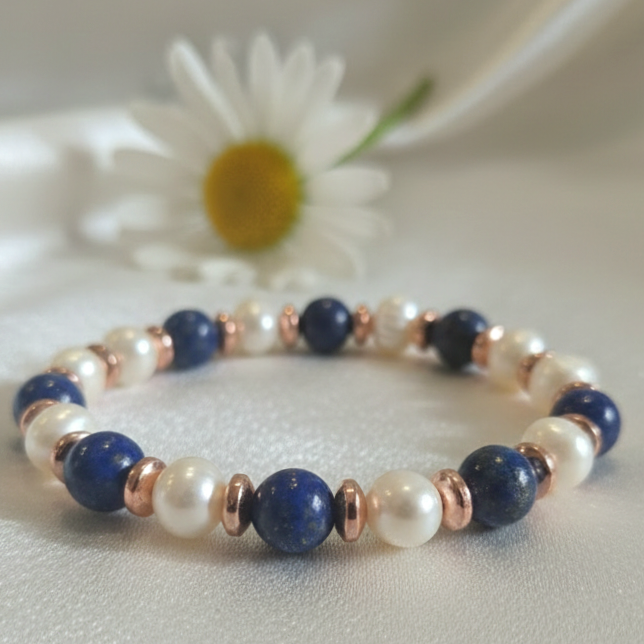 İnci, Lapis Lazuli ve Hematit Doğal Taş Bileklik - İletişim ve Dişil Enerji Temalı