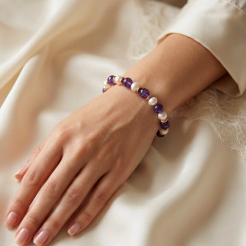 Ametist  Doğal Taş Bileklik - İnci ve Hematit Detaylı Kadın Bileklik Huzur ve Zarafet Temalı