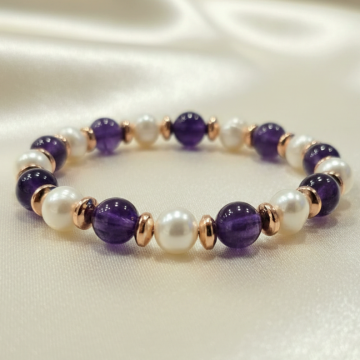 İnci, Ametist ve Hematit Doğal Taş Bileklik - Huzur ve Zarafet Temalı