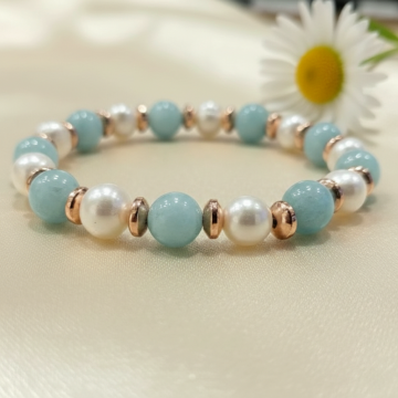 Amazonit Doğal Taş Bileklik - İnci ve hematit Detaylı Kadın Bileklik Güven ve Zarafet Temalı