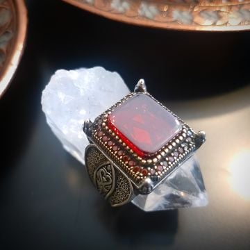 Kırmızı Taşlı Tasarım Erkek Gümüş Yüzük