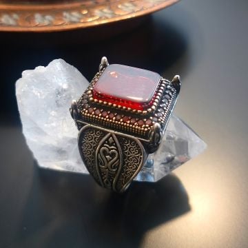 Kırmızı Taşlı Tasarım Erkek Gümüş Yüzük