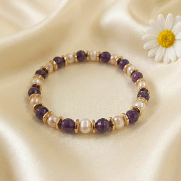 Faset Kesim Ametist  Doğal Taş Bileklik - İnci ve Hematit Detaylı Kadın Bileklik Huzur ve Zarafet Temalı