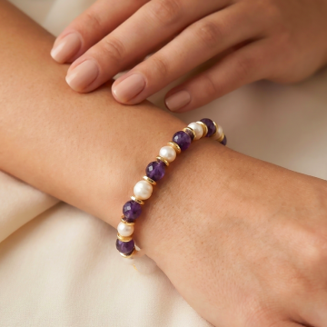 Faset Kesim Ametist  Doğal Taş Bileklik - İnci ve Hematit Detaylı Kadın Bileklik Huzur ve Zarafet Temalı