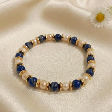 Lapis Lazuli ve İnci Doğal Taş Bileklik -  Hematit Detaylı Kadın Bileklik İletişim ve Dişil Enerji Temalı