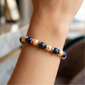 Lapis Lazuli ve İnci Doğal Taş Bileklik -  Hematit Detaylı Kadın Bileklik İletişim ve Dişil Enerji Temalı